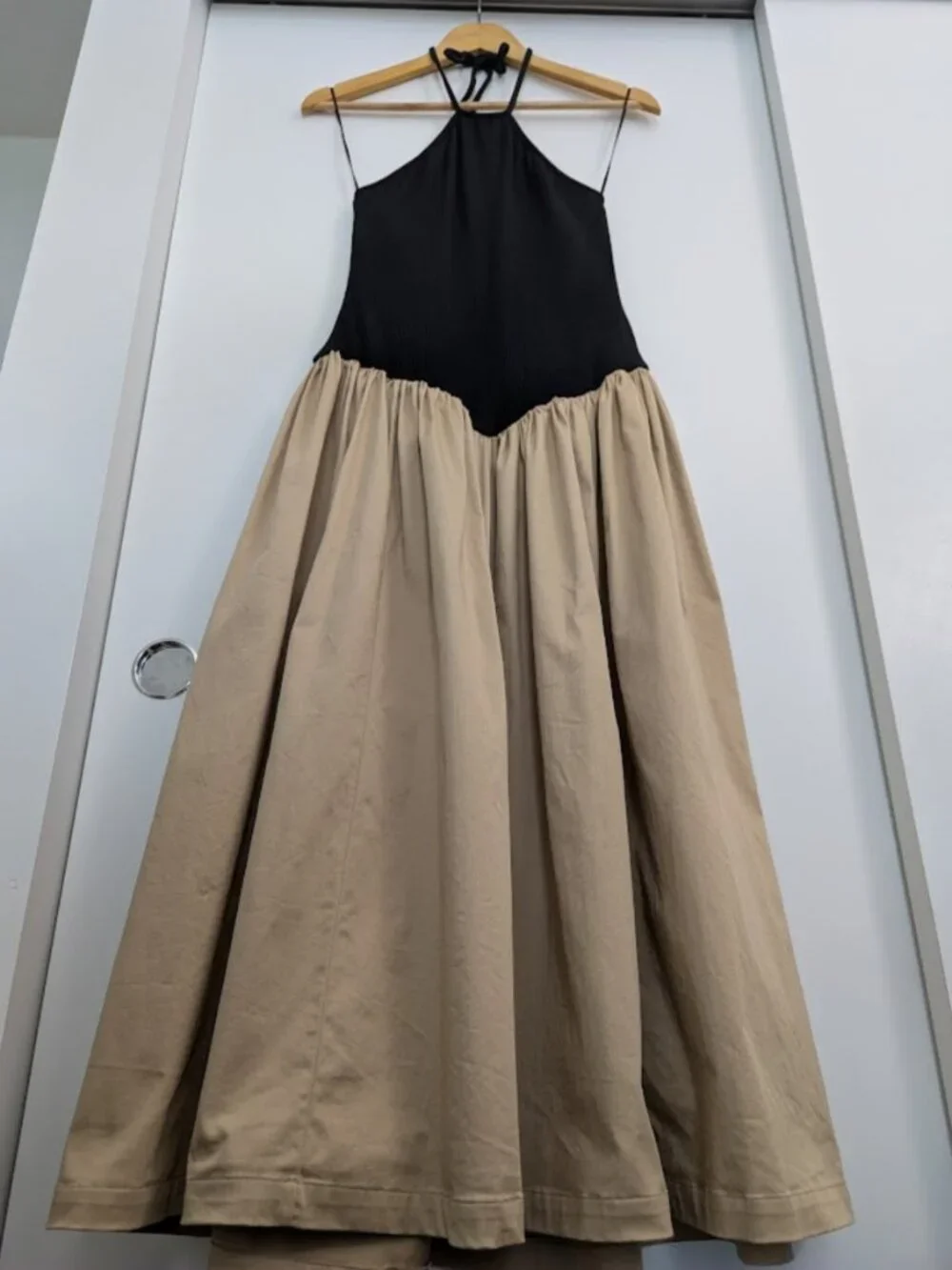 Anthropologie Maeve Black Beige Halter Maxi Dress Size M - Picture 6 of 12